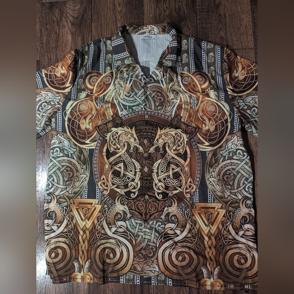Hawalili Mens Button Down Shirt Brown & Gold Dragon Print Size 2XL Unique! - Picture 2 of 16